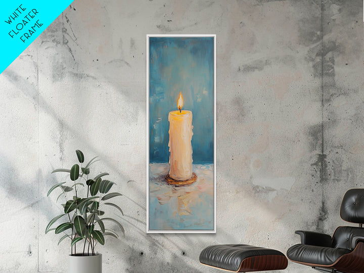 Glowing Pillar Candle Still Life Framed Canvas Print, Moody Wall Art, Meditation Room Decor, Spa Bathroom Art, Cozy Home Decor