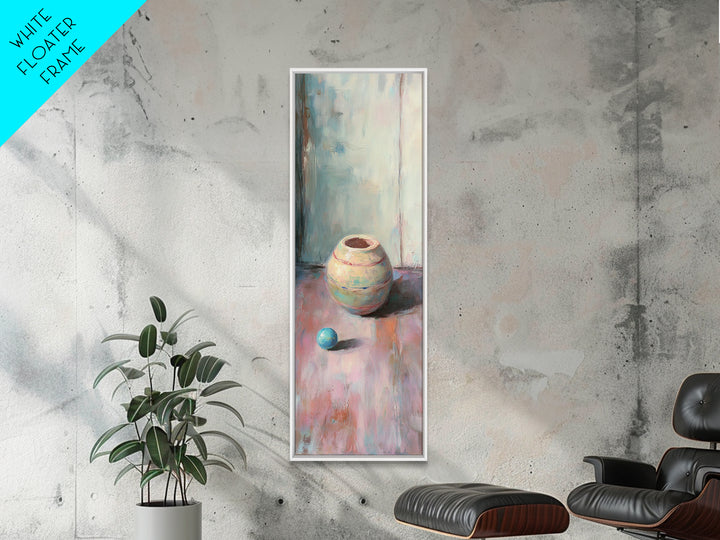 Small Ceramic Pot And Blue Ball Still Life Wall Art, Pastel Minimalist Canvas Print, Wabi Sabi Decor, Soft Abstract Art Print