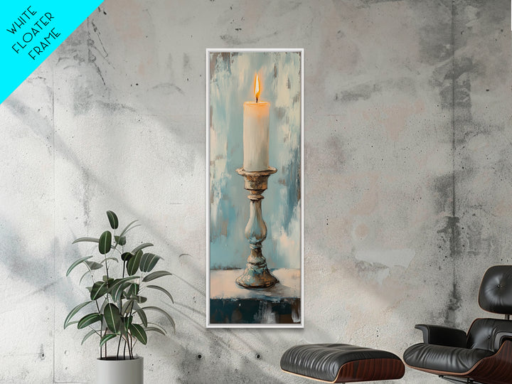 Lit Candle On Antique Holder Framed Canvas Print, Moody Still Life Wall Art For Rustic Home Decor, Spiritual Gift, Housewarming Gift