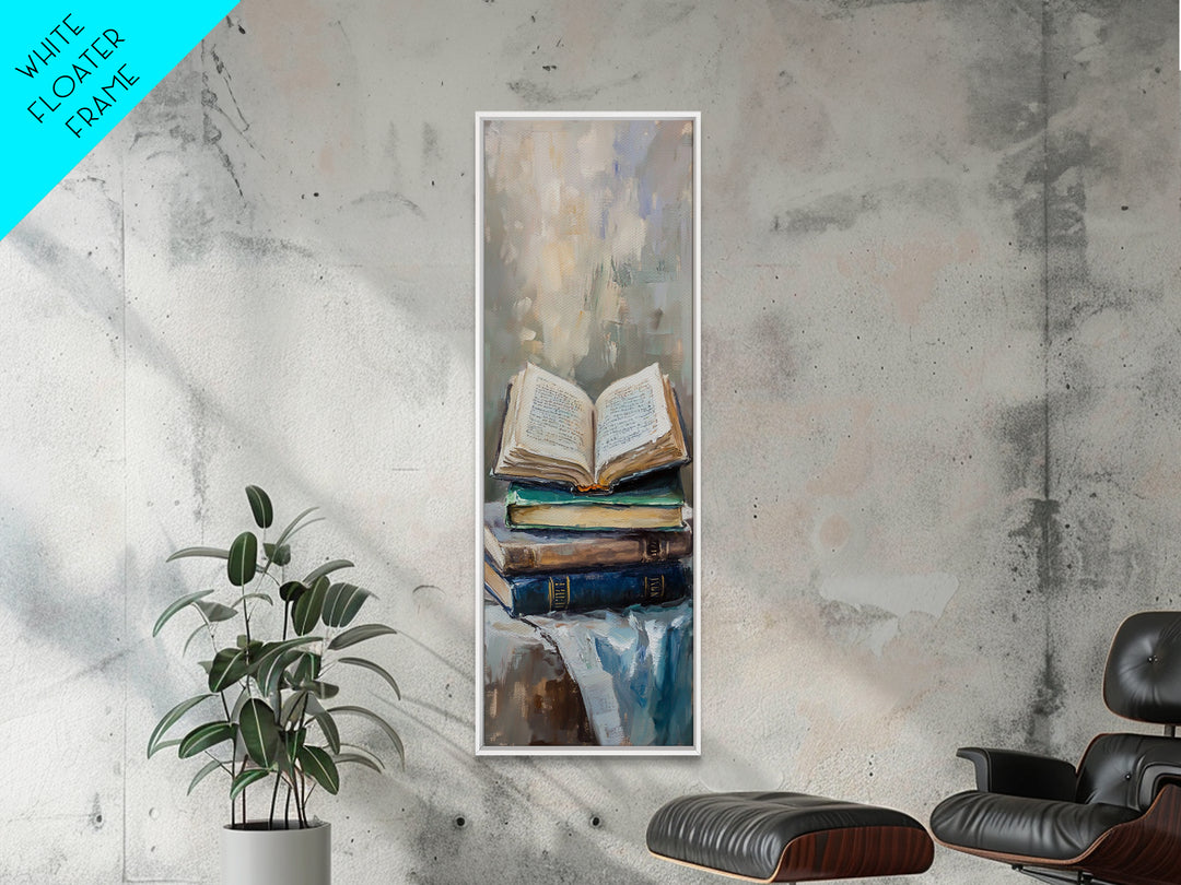 Open Book Stack Library Wall Art, Cozy Dark Academia Canvas Print For Reading Nook Decor, Book Lover Gift, Office Decor, Home Decor