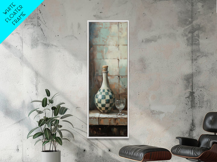 Checkered Ceramic Bottle And Wine Glass Wall Art, Rustic Kitchen Decor, Mediterranean Still Life Canvas Print For Dining Room