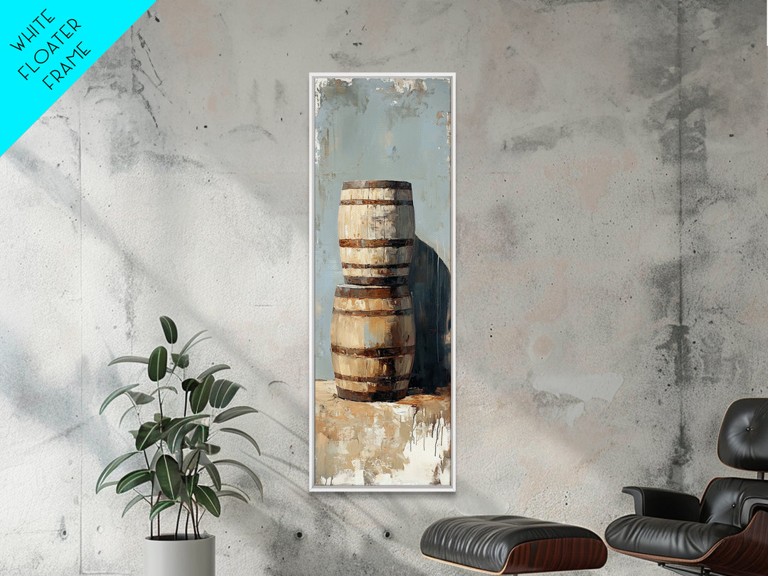 Rustic Wooden Barrels Still Life Wall Art, Farmhouse Winery Decor, Country Framed Canvas Print, Housewarming Gift Home Decor