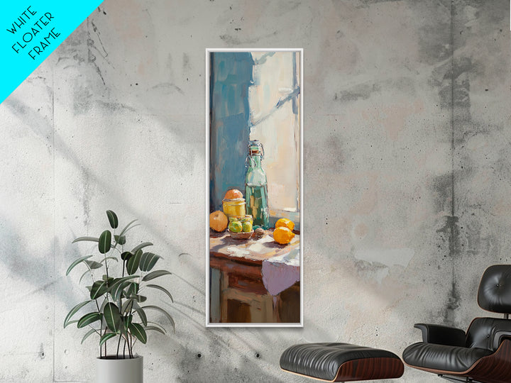 Sunlit Lemons And Glass Bottle Wall Art, Mediterranean Kitchen Decor, Citrus Still Life Canvas Print, Dining Room Art Print