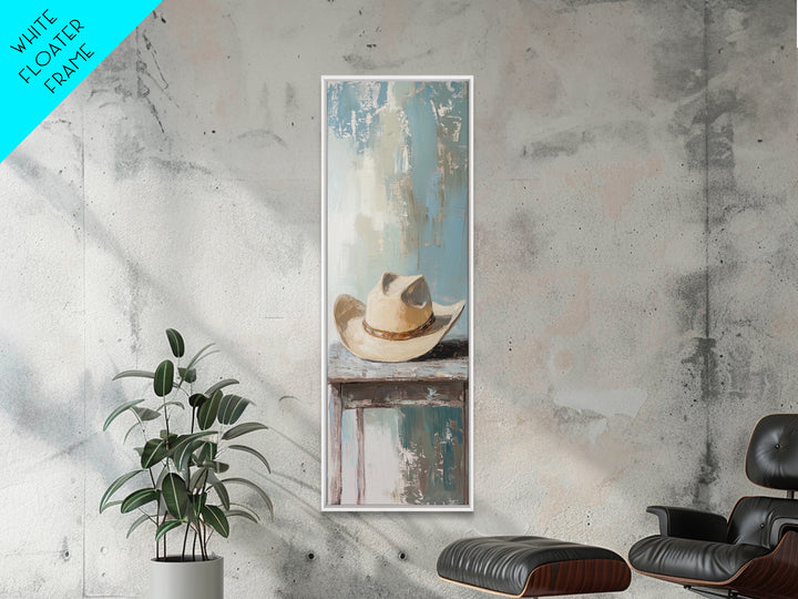 White Cowboy Hat On Table Canvas Print, Western Wall Art, Rustic Ranch Decor, Neutral Southwestern Farmhouse Home Decor, Gift For Him