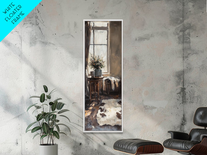 Rustic Window Chair And Cowhide Rug Wall Art, Farmhouse Canvas Print, Cozy Country Home Decor, Neutral Living Room Art Print
