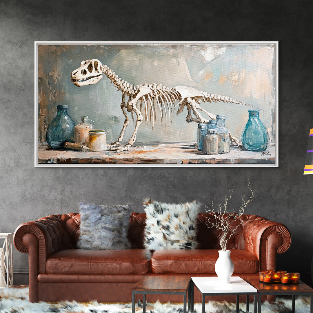 Dinosaur Skeleton Still Life Wall Art, Paleontology Canvas Print, Science Office Decor, Boys Room Decor, Unique Gift, Nursery Wall Art