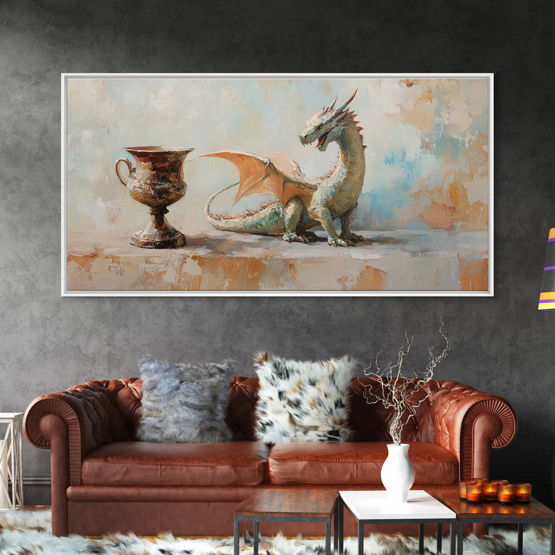 Small Dragon And Goblet Wall Art, Fantasy Canvas Print, Mythical Creature Decor, Kids Room Art, Unique Gift For Him, Nursery Wall Art