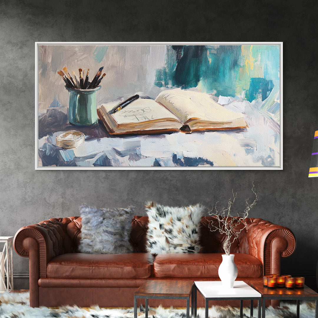 Open Sketchbook With Brushes Wall Art, Creative Studio Canvas Print, Gift For Artist, Office Decor, Modern Home Decor, Living Room Decor