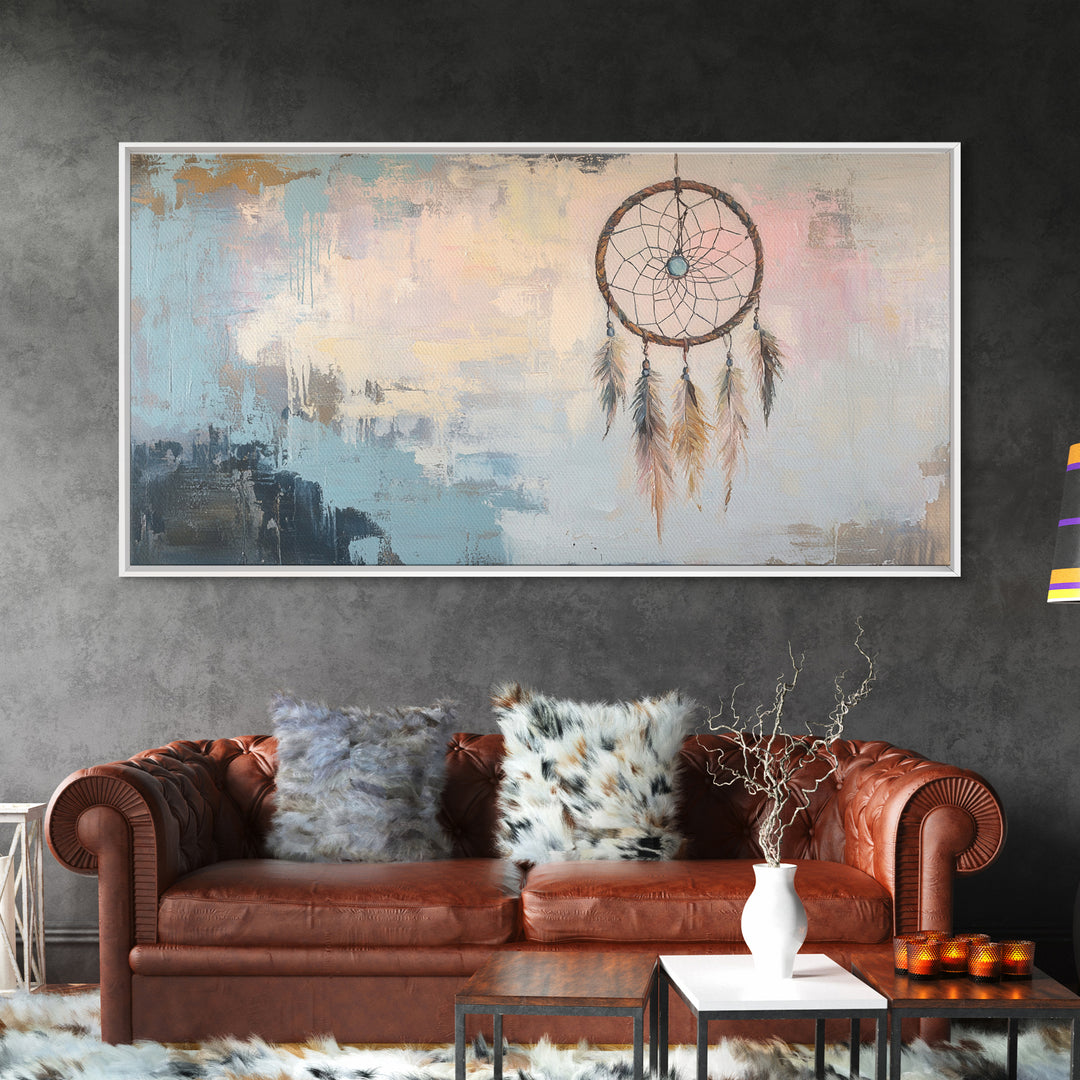 Boho Dreamcatcher Feathers Wall Art, Southwestern Canvas Print, Neutral Bedroom Decor, Spiritual Gift, Rustic Home Decor