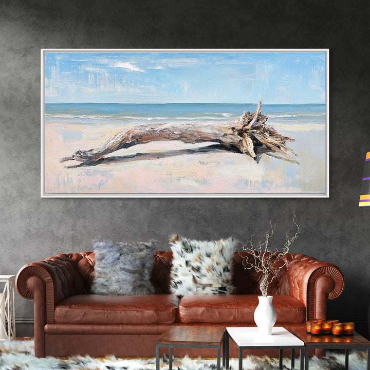 Weathered Driftwood On Beach Wall Art, Coastal Canvas Print, Ocean Landscape Art, Beach House Decor, Seaside Wall Decor Print