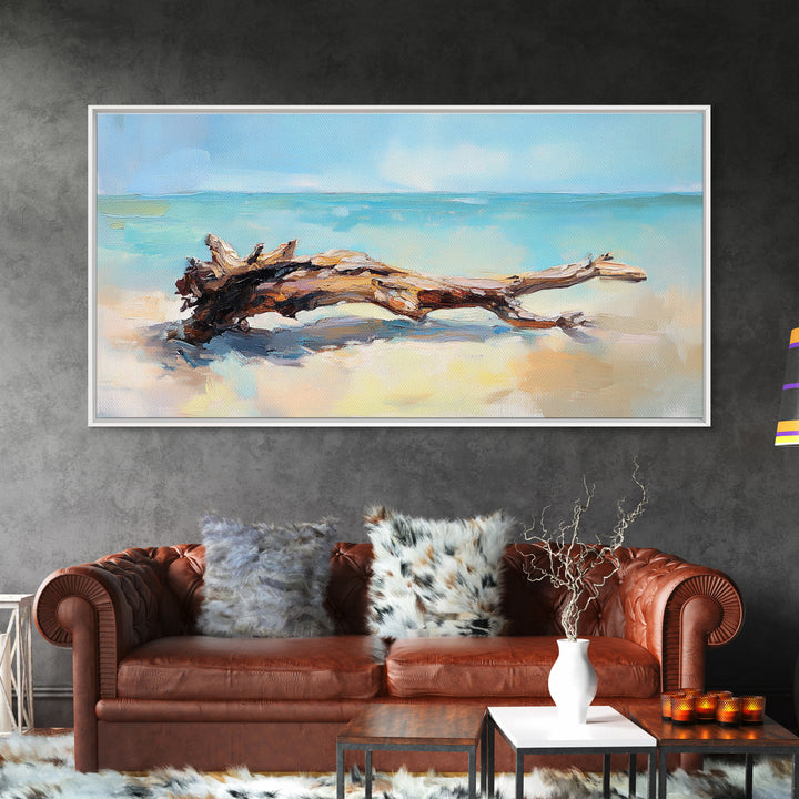 Sunlit Driftwood On Turquoise Shore Wall Art, Coastal Canvas Print, Beach House Decor, Ocean Art, Nautical Home Decor, Living Room Decor