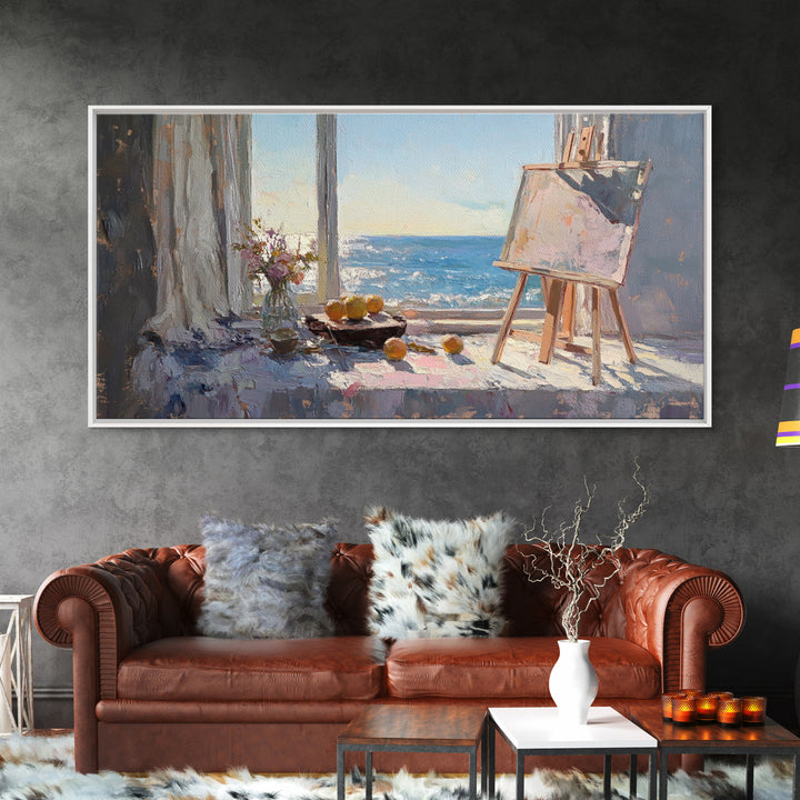 Sunlit Ocean View Art Studio Wall Art, Coastal Canvas Print, Easel And Lemons Still Life, Creative Office Decor, Beach House Decor