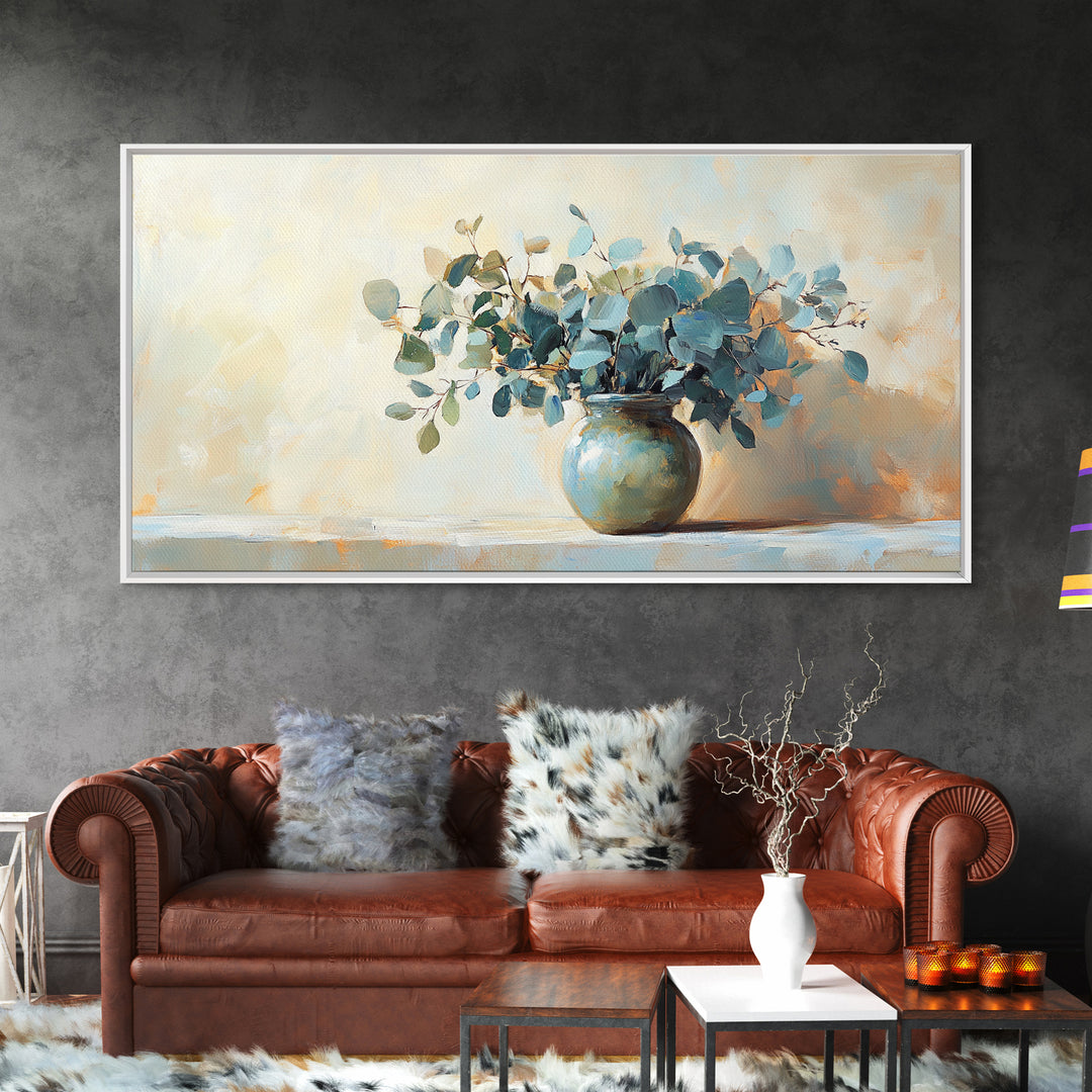 Blue Eucalyptus Vase Still Life Wall Art, Botanical Canvas Wall Decor, Neutral Living Room Decor, Rustic Farmhouse Art Print