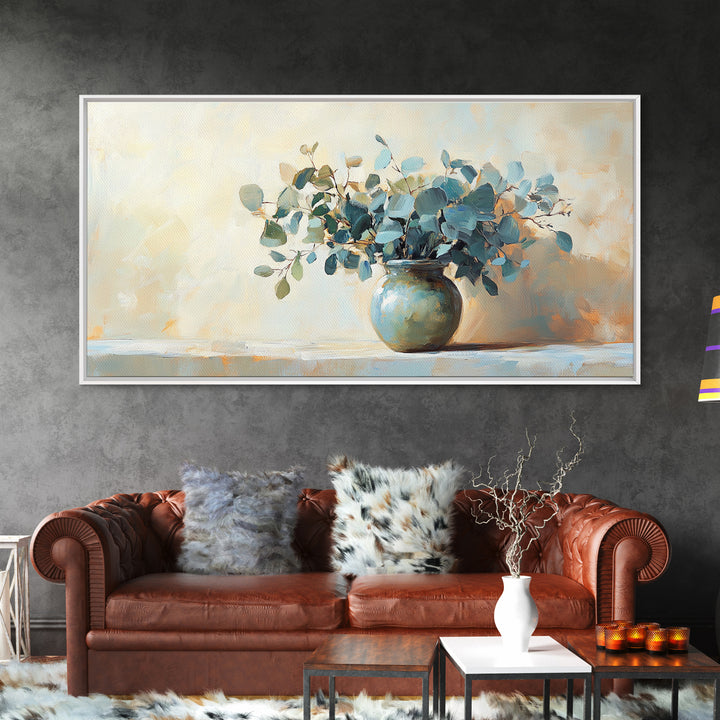 Blue Eucalyptus Vase Still Life Wall Art, Botanical Canvas Wall Decor, Neutral Living Room Decor, Rustic Farmhouse Art Print