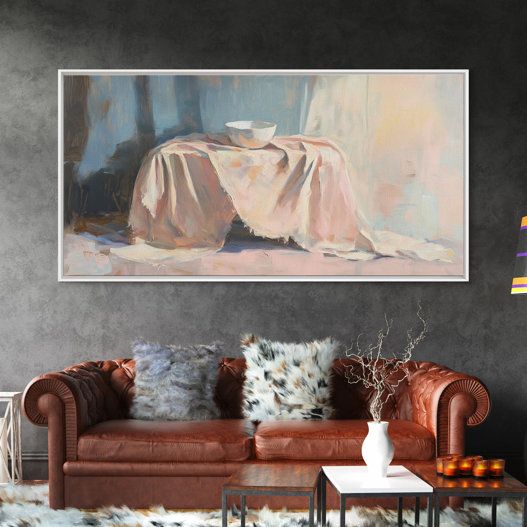 Soft Draped Table And Bowl Still Life Canvas Print, Minimalist Kitchen Wall Art, Neutral Home Decor, Fine Art Print, Dining Room Decor