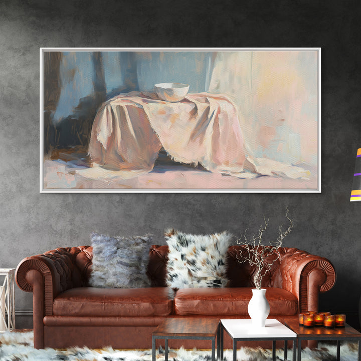 Soft Draped Table And Bowl Still Life Canvas Print, Minimalist Kitchen Wall Art, Neutral Home Decor, Fine Art Print, Dining Room Decor