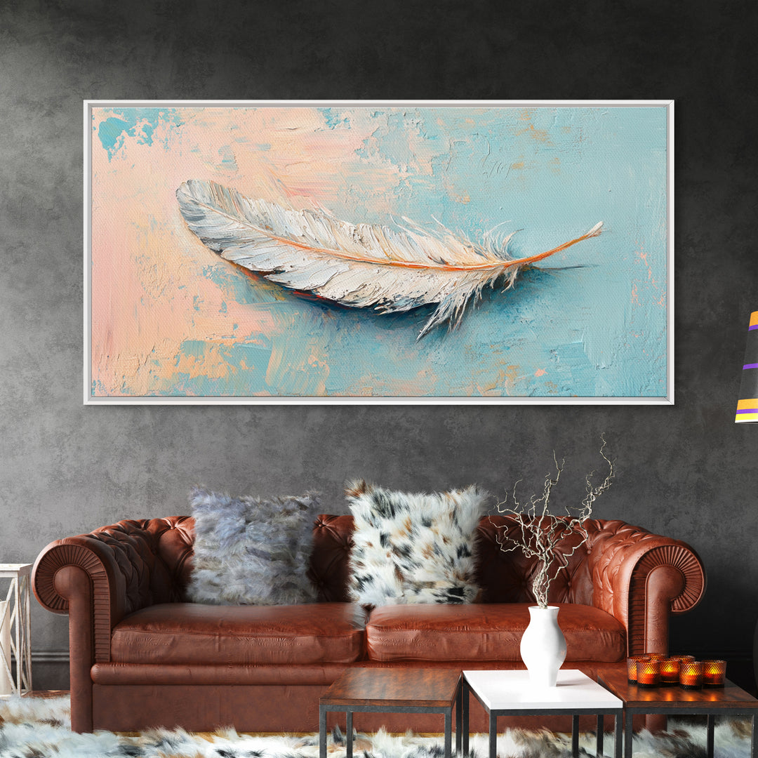 White Feather On Soft Blue Peach Texture Framed Canvas Print, Coastal Wall Art, Neutral Home Decor, Boho Bedroom Decor, Gift For Her