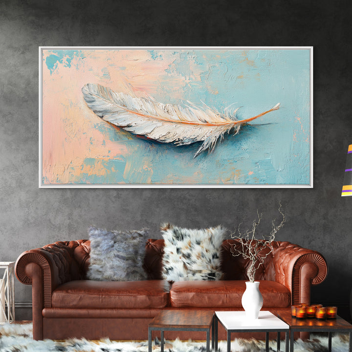 White Feather On Soft Blue Peach Texture Framed Canvas Print, Coastal Wall Art, Neutral Home Decor, Boho Bedroom Decor, Gift For Her