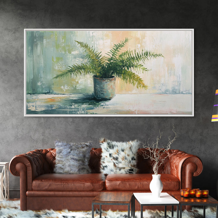 Potted Fern Plant In Textured Green Light Canvas Print, Botanical Wall Art, Nature Wall Decor, Japandi Home Decor, Office Decor
