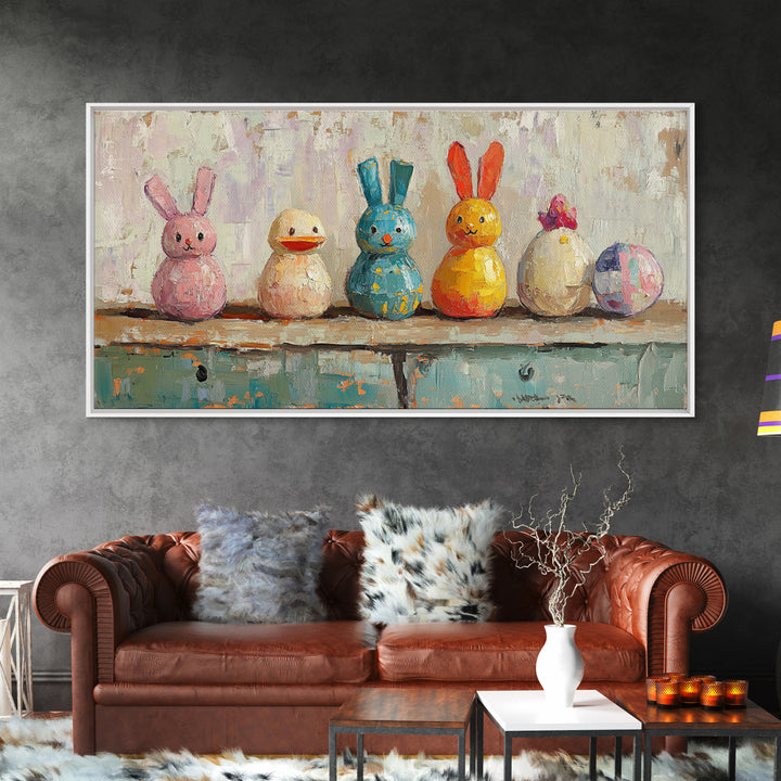 Whimsical Bunny And Duck Toys Framed Canvas Print, Nursery Wall Art, Kids Room Decor, Easter Gift, Playroom Wall Decor, Baby Shower Gift