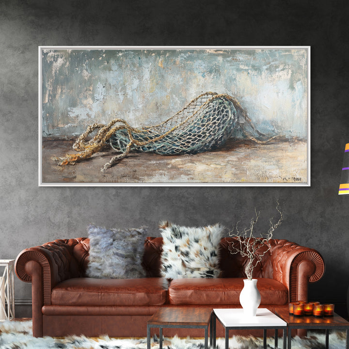 Weathered Fishing Net Framed Canvas Print, Nautical Wall Art, Coastal Home Decor, Rustic Seascape, Beach House Gift For Him