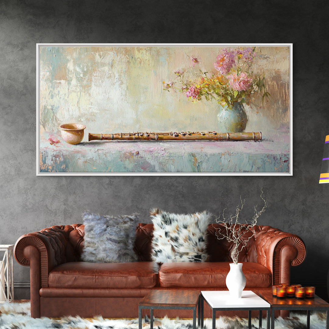 Rustic Flute Still Life With Pink Flowers, Framed Canvas Print, Music Room Wall Art, Farmhouse Decor, Gift For Music Lover