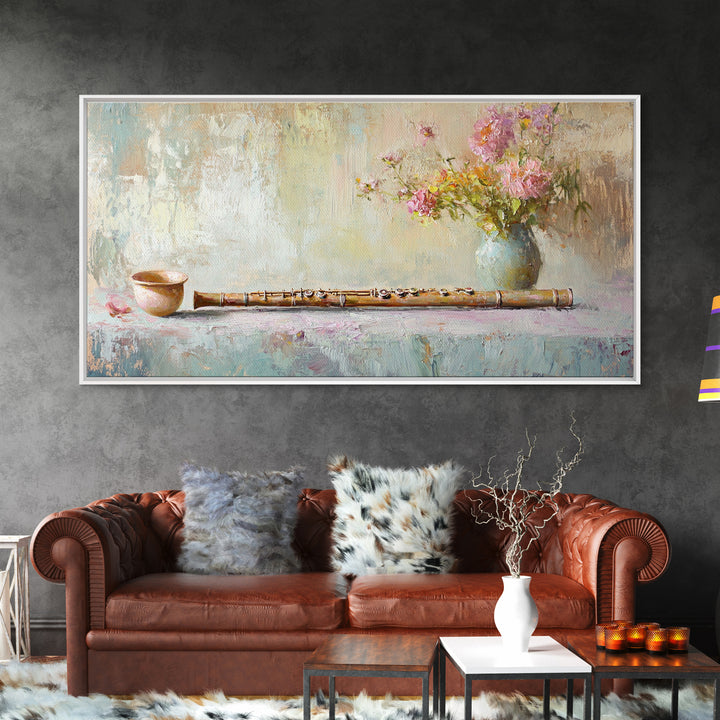 Rustic Flute Still Life With Pink Flowers, Framed Canvas Print, Music Room Wall Art, Farmhouse Decor, Gift For Music Lover