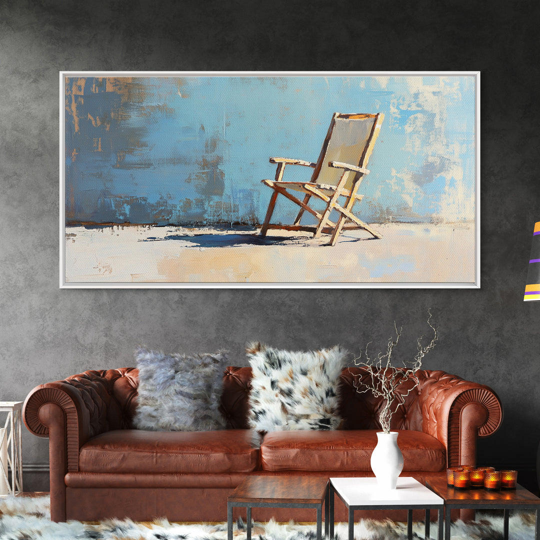 Minimal Beach Chair On Blue Wall, Canvas Print, Coastal Wall Art, Modern Home Decor, Beach House Decor, Living Room Wall Art