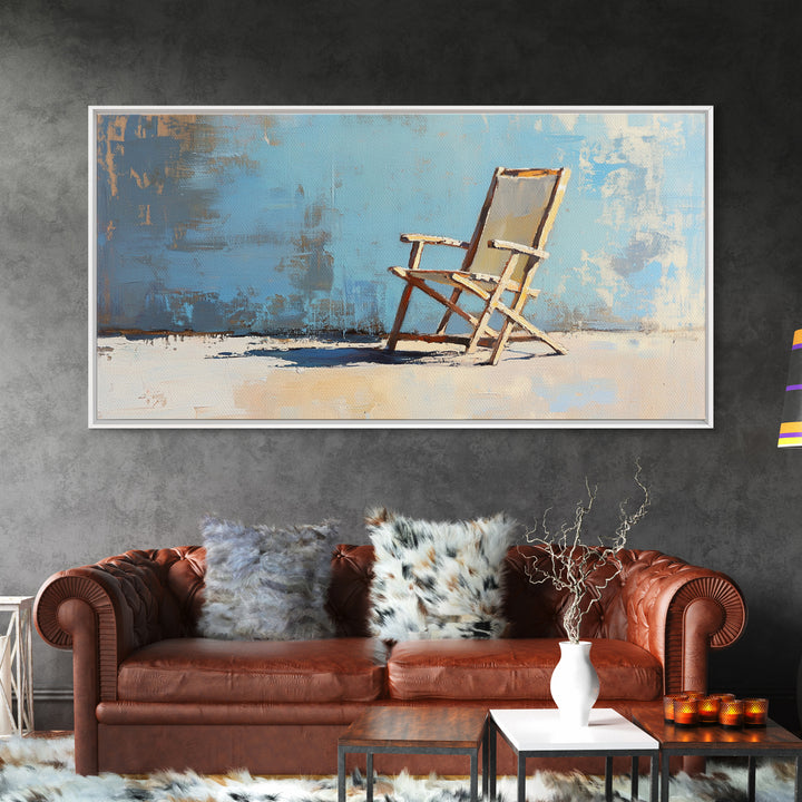Minimal Beach Chair On Blue Wall, Canvas Print, Coastal Wall Art, Modern Home Decor, Beach House Decor, Living Room Wall Art