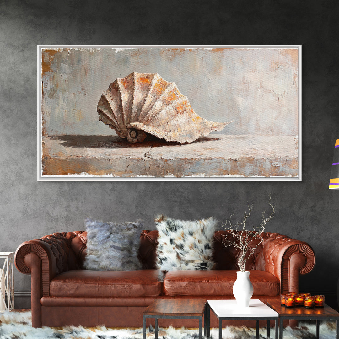 Textured Seashell Still Life In Neutral Tones, Framed Canvas Print, Coastal Wall Art, Beach House Decor, Nautical Wall Art