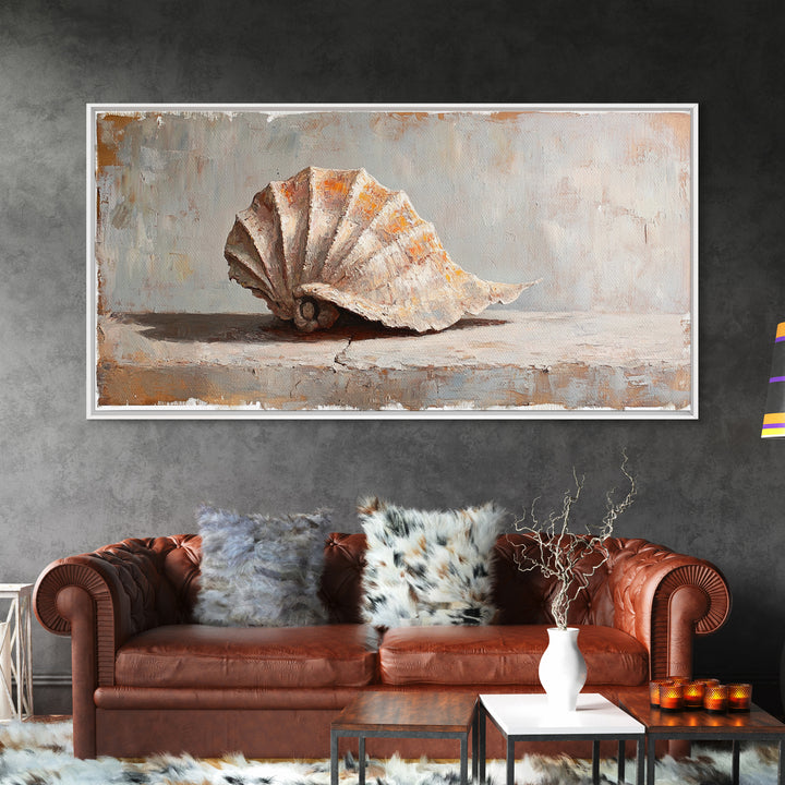 Textured Seashell Still Life In Neutral Tones, Framed Canvas Print, Coastal Wall Art, Beach House Decor, Nautical Wall Art