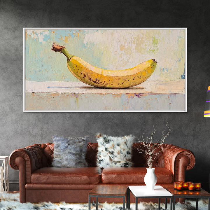Bright Banana Still Life On Pale Blue, Framed Canvas Print, Kitchen Wall Art, Fruit Art, Colorful Kitchen Decor, Foodie Gift