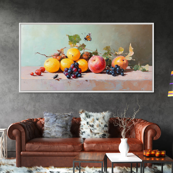 Oranges Grapes Apple Still Life With Butterfly, Canvas Print, Fruit Art, Kitchen Wall Art, Botanical Decor, Dining Room Print