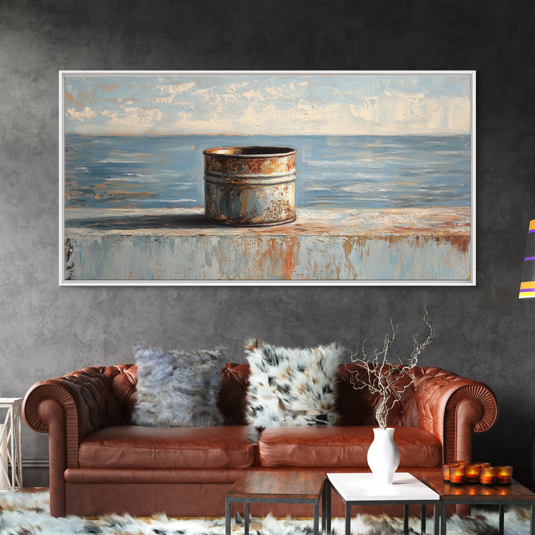 Rusty Tin Can By Blue Sea Wall Art, Coastal Industrial Still Life Canvas Print, Rustic Beach House Decor For Living Room