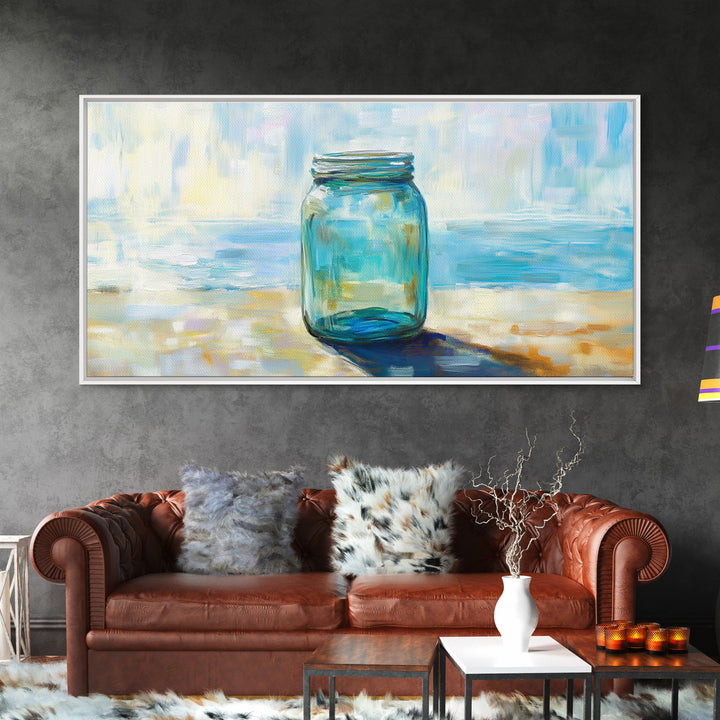 Blue Glass Mason Jar Wall Art, Coastal Still Life Canvas Print, Minimalist Beach House Decor For Kitchen Or Bathroom Art