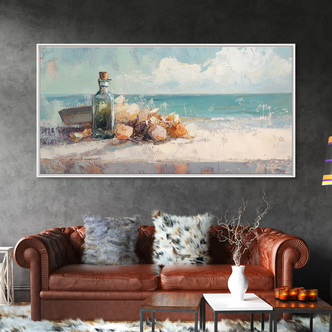 Sea Glass Bottle And Seashells Wall Art, Coastal Beach Framed Canvas Print, Nautical Decor For Bathroom Or Entryway Wall Decor