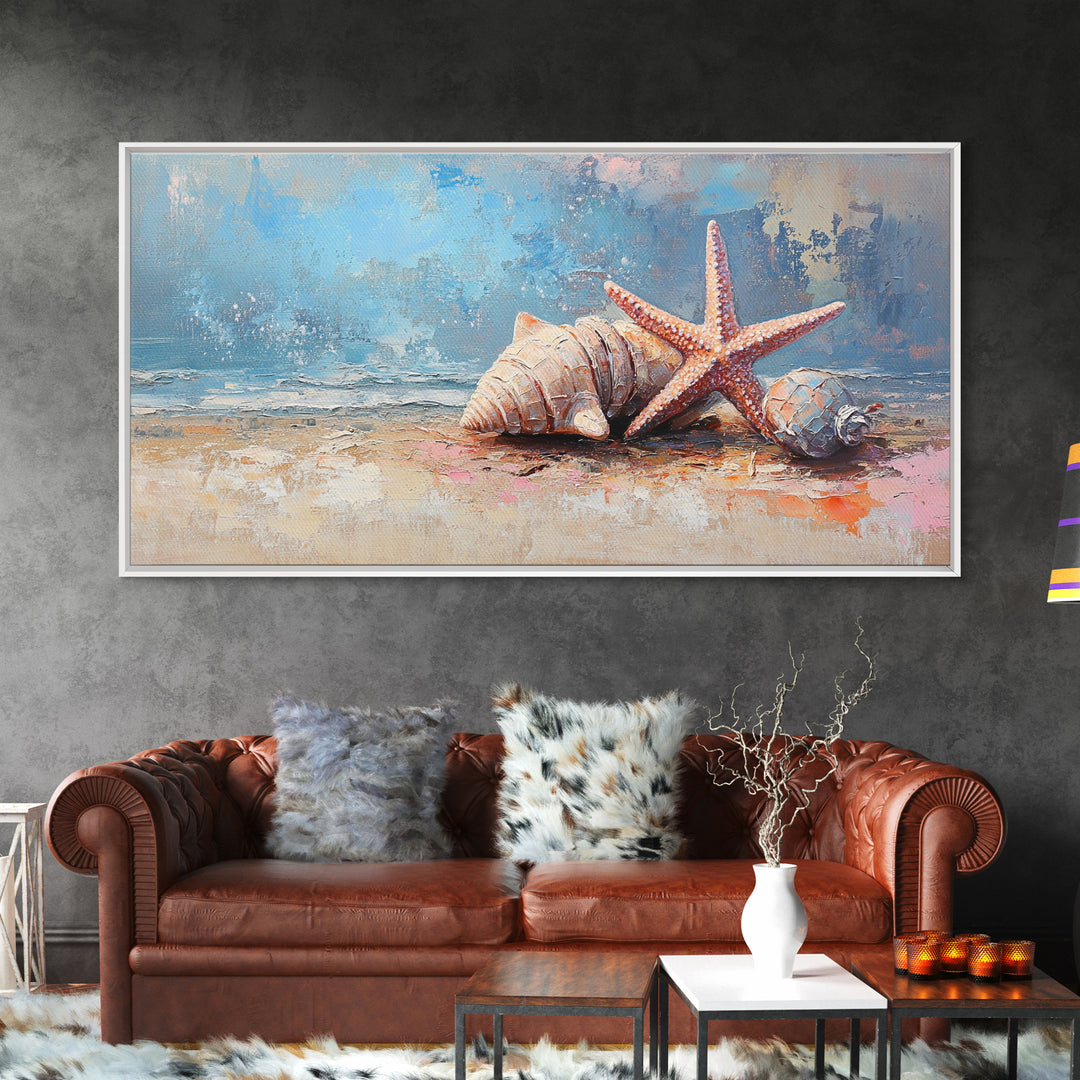 Starfish And Seashells On Sandy Shore Wall Art, Coastal Ocean Canvas Print, Beach House Decor For Bathroom Or Bedroom Wall Decor