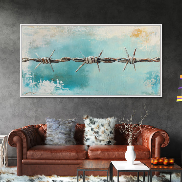 Rusty Barbed Wire Against Turquoise Sky Wall Art, Western Industrial Canvas Print, Modern Rustic Farmhouse Decor For Entryway
