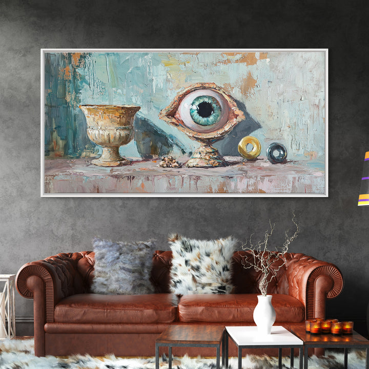 Surreal Blue Eye Relic And Antique Urn Wall Art, Mystical Eclectic Framed Canvas Print, Dark Academia Office Decor For Library