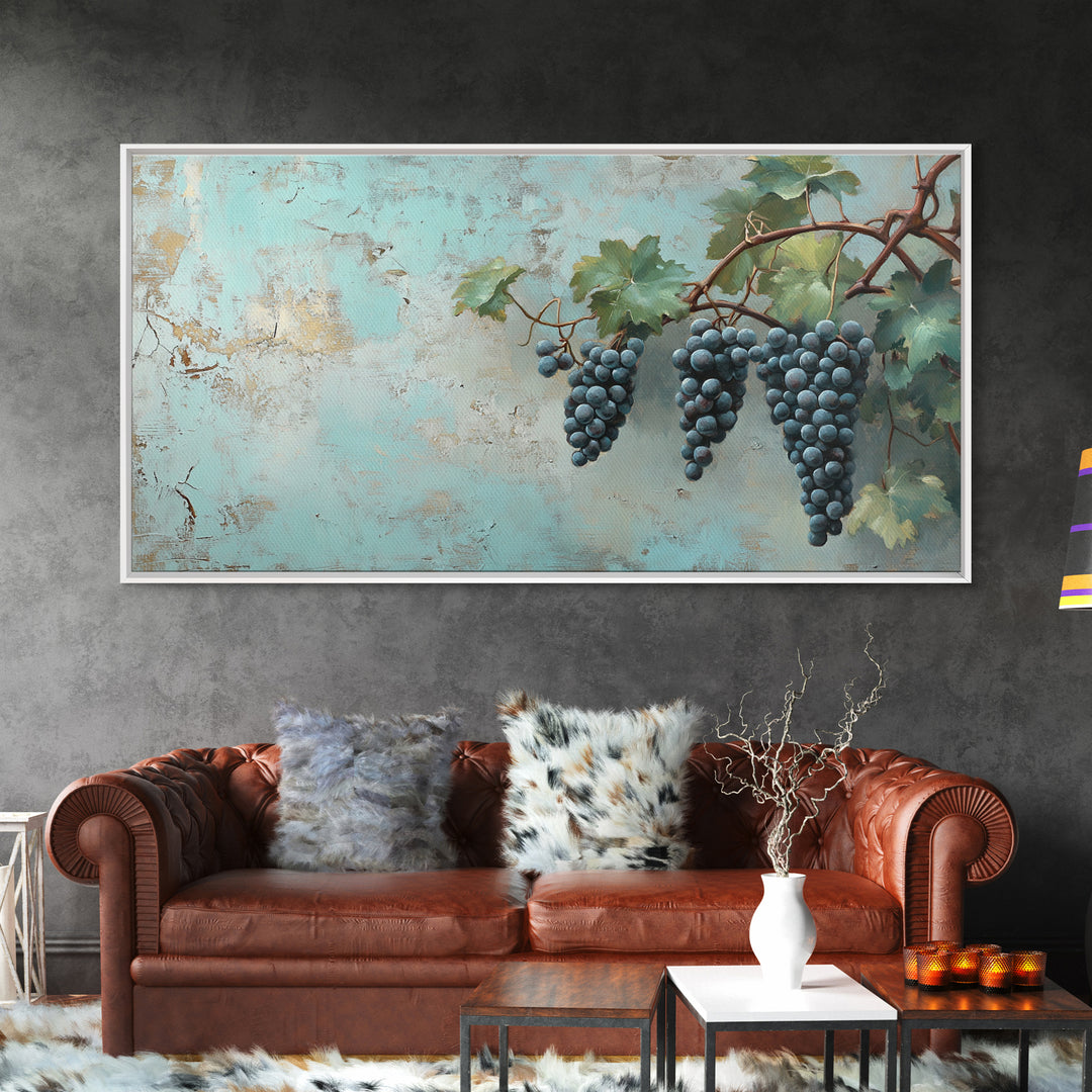 Blue Grapes On Vine Wall Art, Rustic Kitchen Decor, Vineyard Painting, Wine Country Print, Farmhouse Dining Room Canvas Art