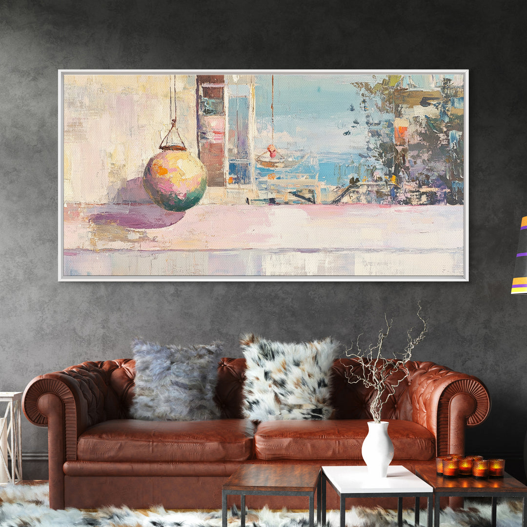 Pastel Seaside Window Canvas Print, Coastal Wall Art, Mediterranean Beach House Decor, Soft Ocean View Living Room Print