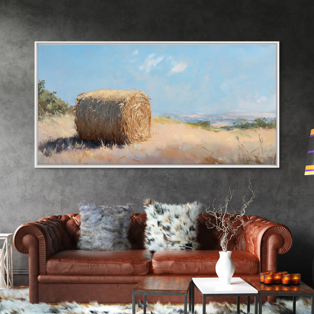 Golden Hay Bale Landscape Wall Art, Rustic Farmhouse Decor, Country Field Painting, Nature Print For Living Room Wall Decor