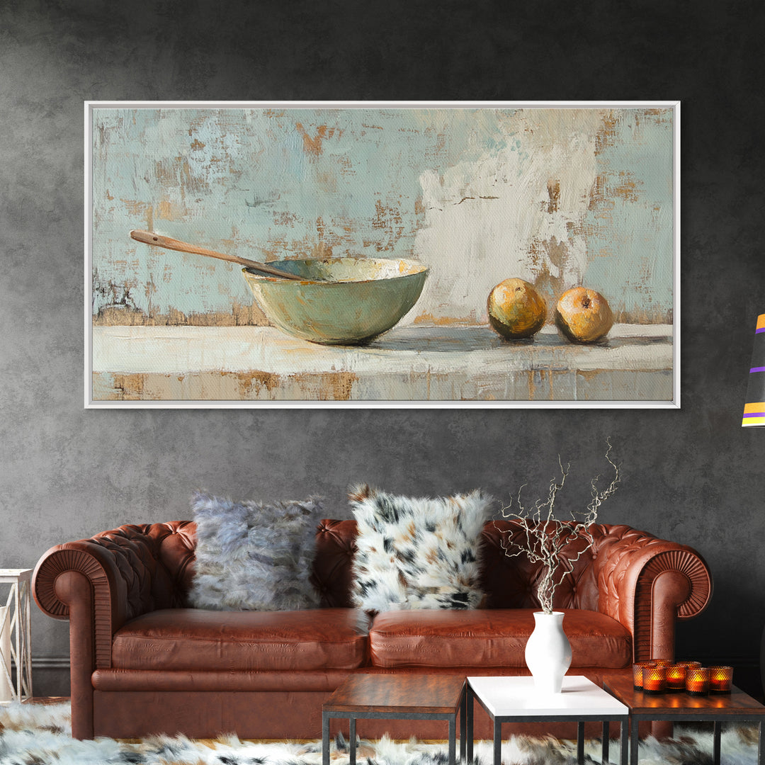 Rustic Bowl And Pears Canvas Print, Kitchen Wall Art, Farmhouse Still Life Painting, Country Dining Room Wall Decor Print