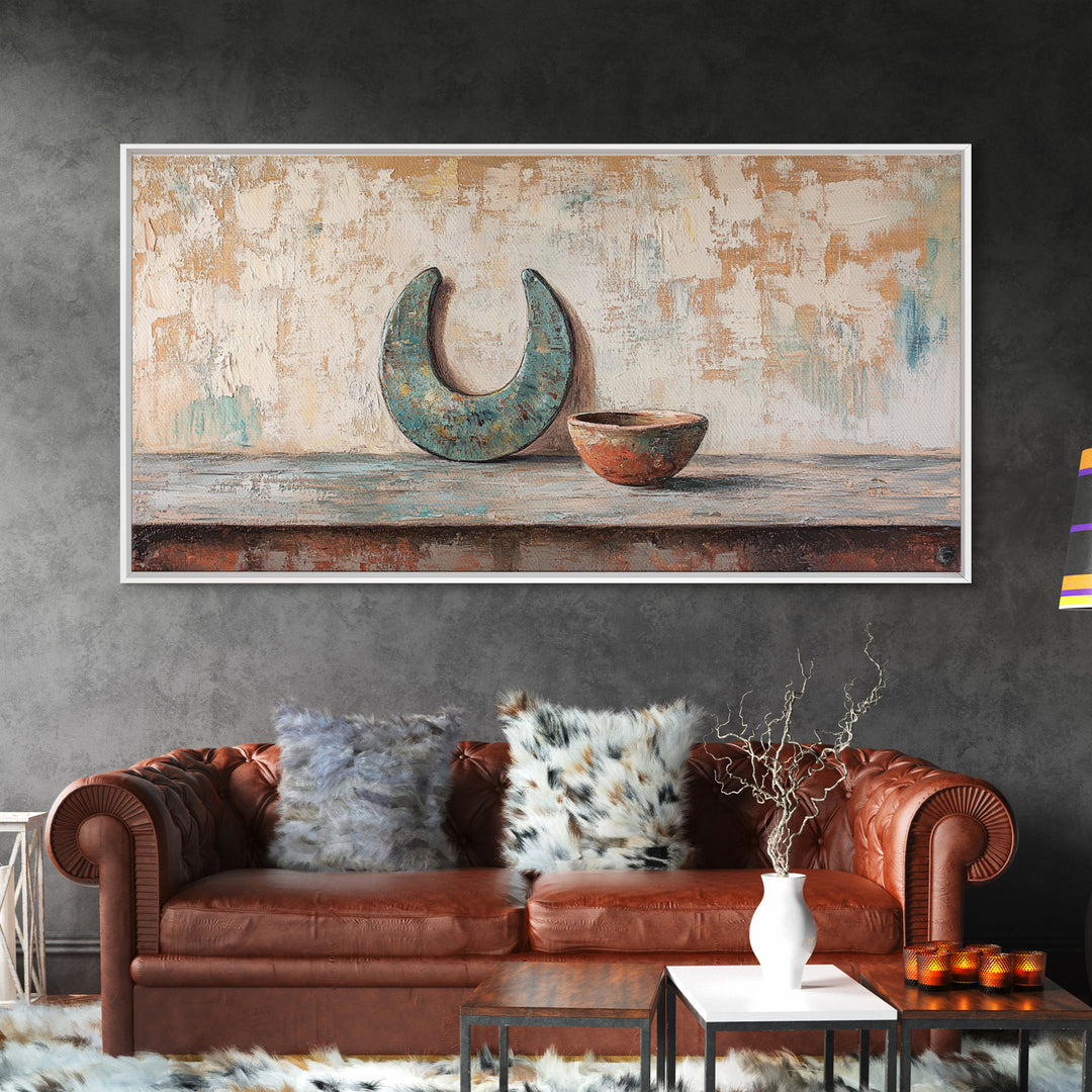 Turquoise Crescent Moon And Rustic Bowl Wall Art, Wabi Sabi Decor, Southwestern Still Life, Neutral Framed Canvas Print, Home Decor