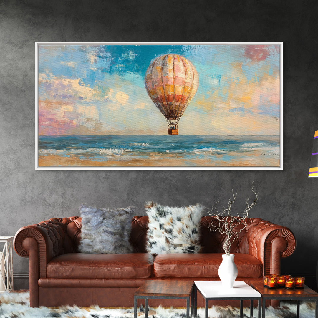 Hot Air Balloon Drifting Over Ocean Canvas Print, Coastal Wall Art, Travel Poster Style, Colorful Beach House Living Room Decor