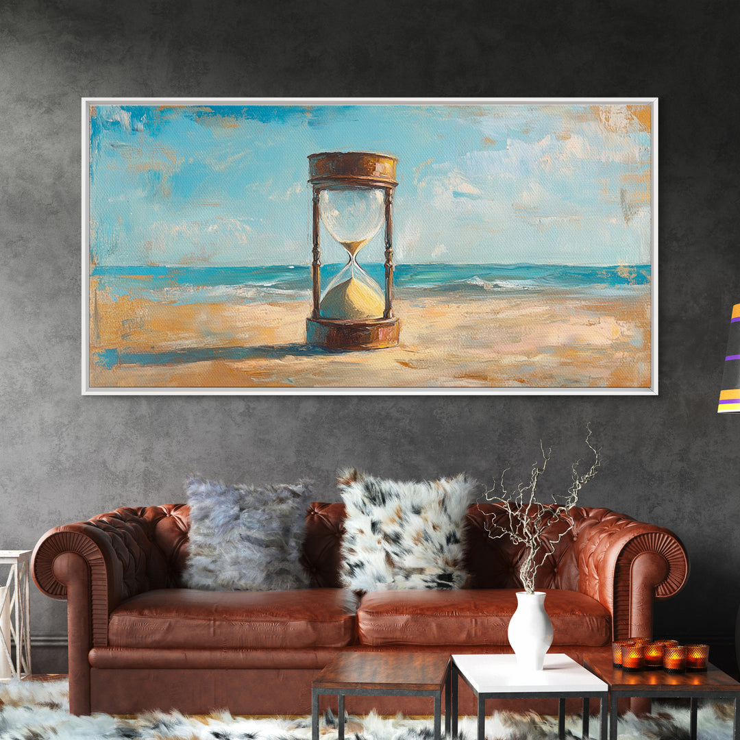 Hourglass In Sand By Turquoise Sea Canvas Print, Coastal Wall Art, Beach House Decor, Ocean Landscape, Summer Home Decor