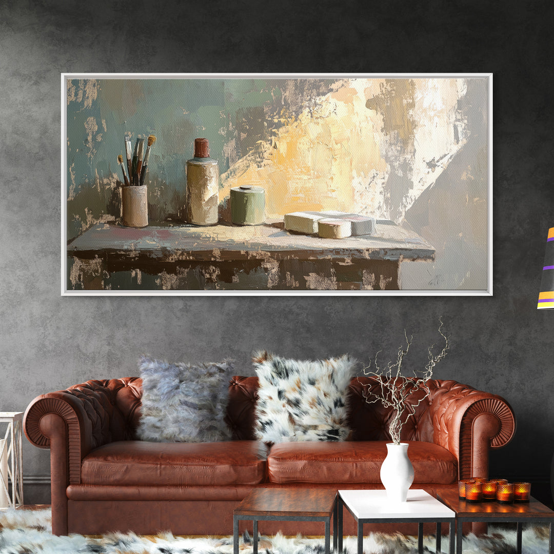 Artist Brushes And Paint Tubes On Sunlit Table Wall Art, Creative Studio Decor, Modern Rustic Still Life Canvas Print, Home Decor