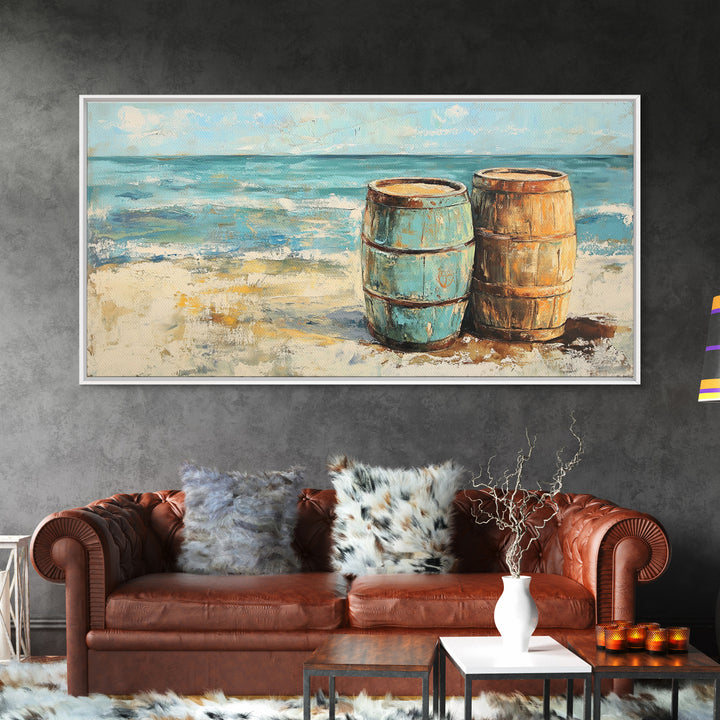 Weathered Barrels On Sandy Beach Wall Art, Coastal Canvas Print, Nautical Beach House Decor, Seascape Ocean Living Room Art