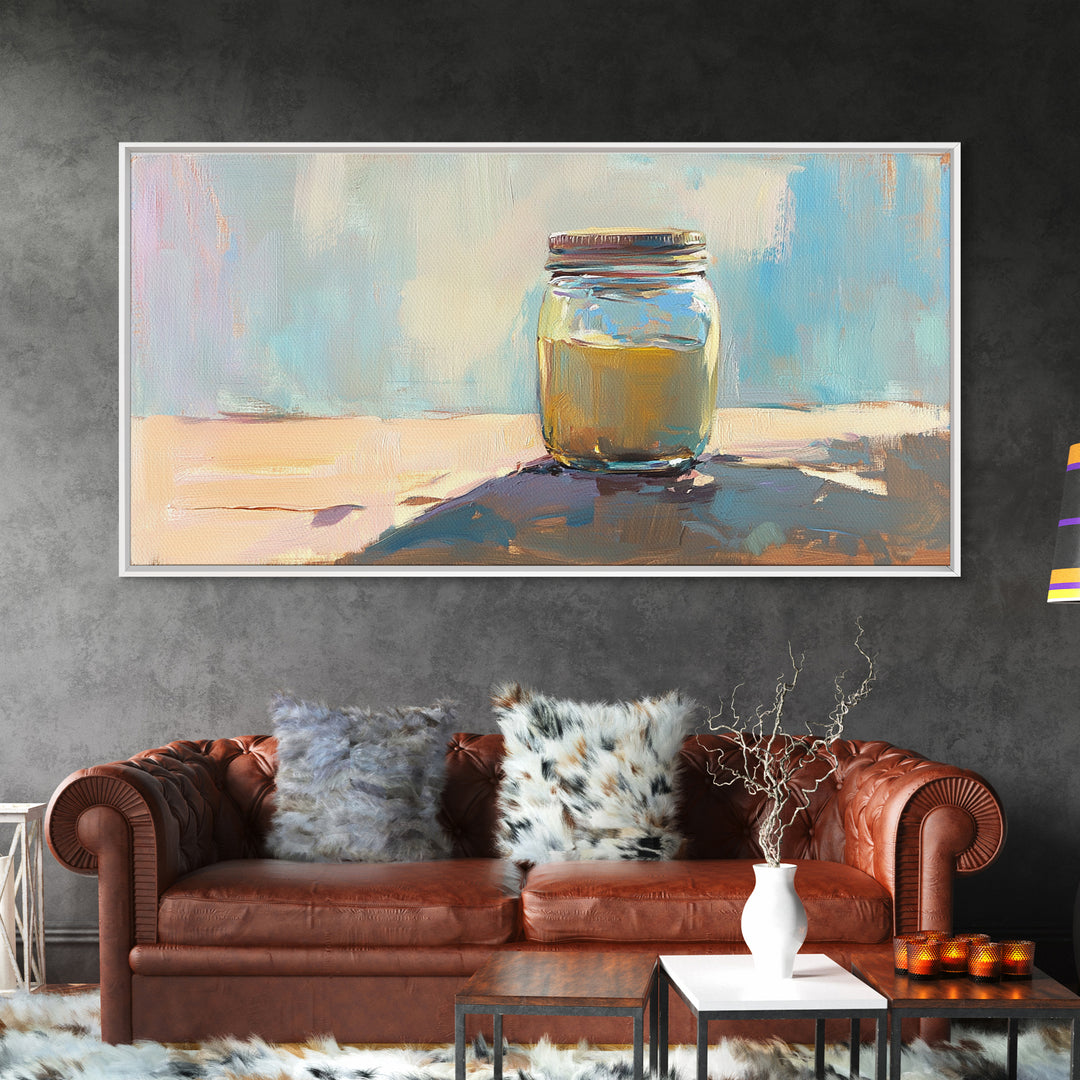 Sunlit Mason Jar Still Life Wall Art, Soft Blue Canvas Print For Kitchen Decor, Rustic Home Decor And Housewarming Gift Idea