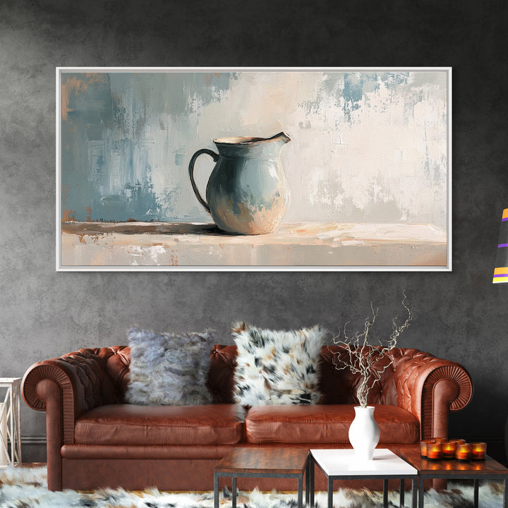 Blue Ceramic Pitcher Minimalist Still Life Wall Art, Neutral Canvas Print For Kitchen Decor, Farmhouse Decor And Office Decor